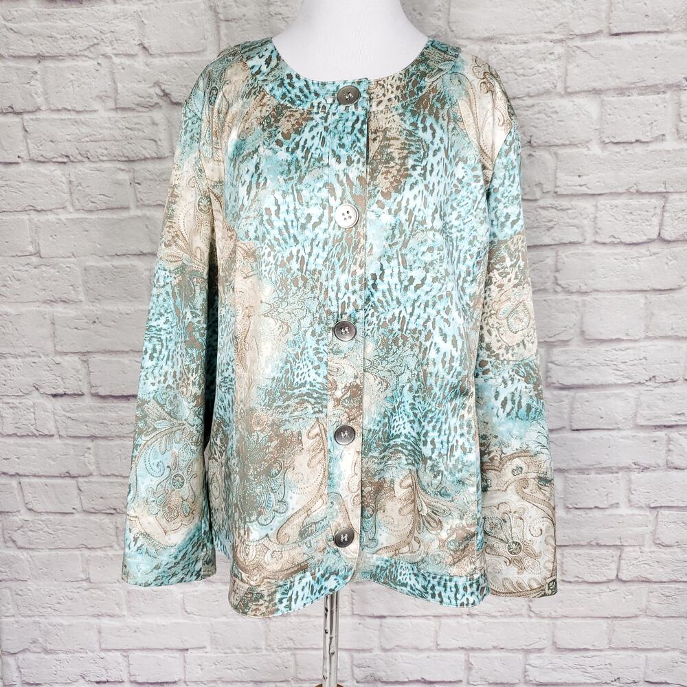Chico's Sz 3 Jacket Animal Print Cotton Stretch Teal Blue Tan Chico's XL 16